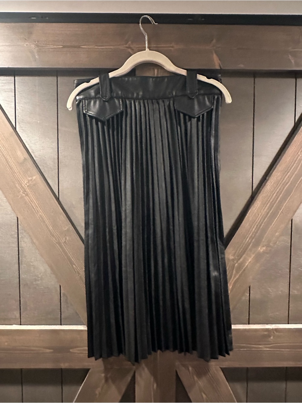 Express Black Pleated Faux Leather Midi Skirt
